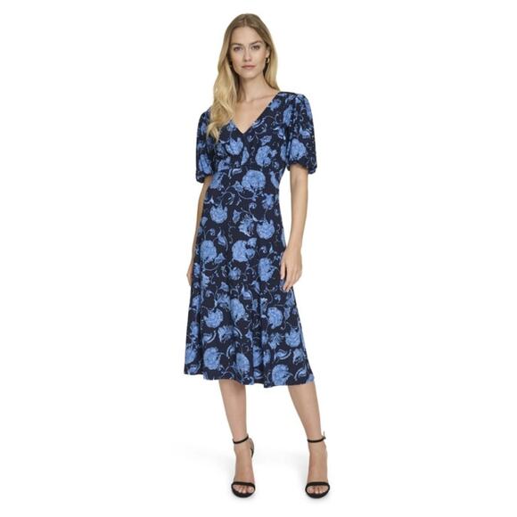 Harper Rose Navy Floral Puff Sleeve V Neck Midi Dress Size 8 - Picture 10 of 11